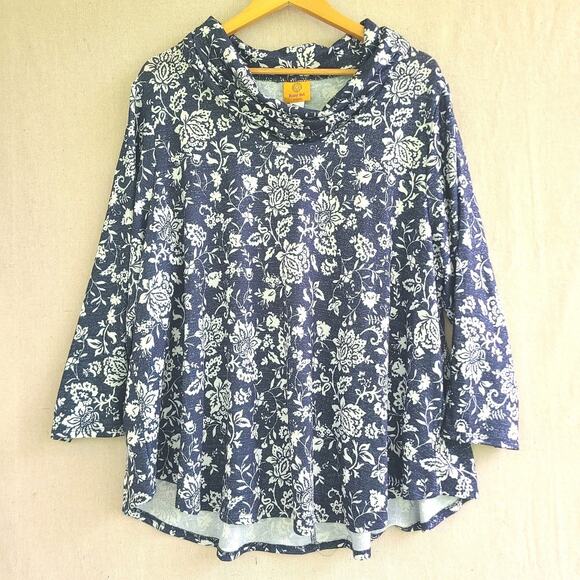 Ruby Rd Tops - Ruby Rd Floral Cowl Neck 3/4 Sleeve Top Navy Blue Metallic Lightweight Size 2X